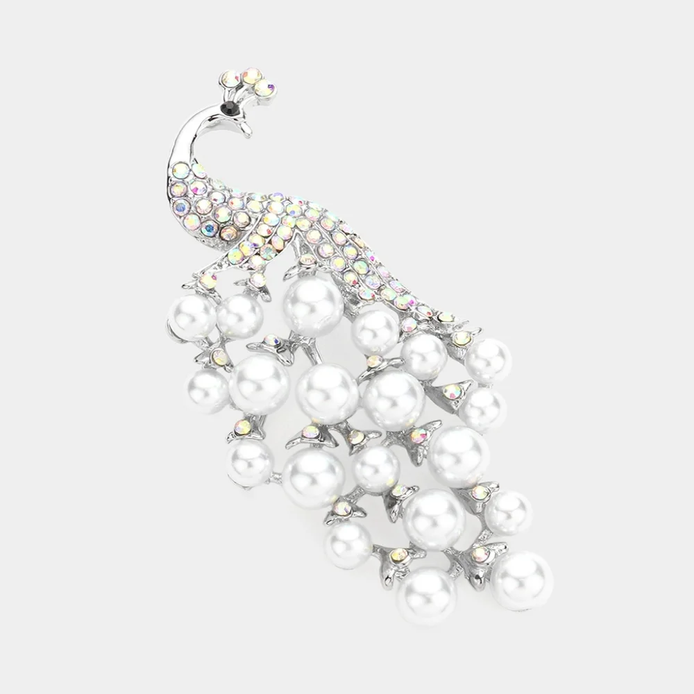 Silver Pearl Peacock Rhinestone Crystal Bling 2.5 Inch Brooch Pin Accessory Ab